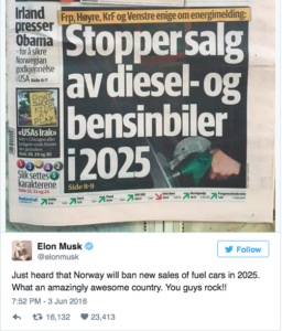 Norway to ban fossil fuel vehicles by 2025